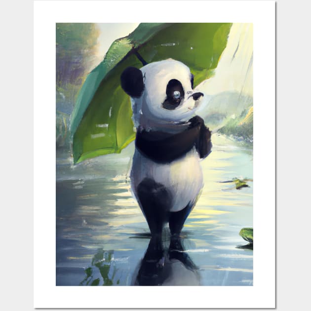 Panda with Leaf Umbrella Wall Art by maxcode